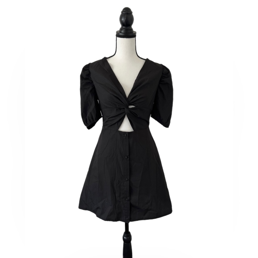 Misguided Black Poplin Knot Front Puff Sleeve Midi Dress Nwt